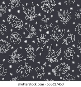 seamless doodle pattern. traditional tattoo flash. vector illustration