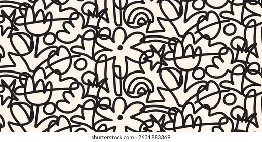 Padrão sem emenda Doodle com Tulipas Flores Estrelas Corações Arcos-Íris e Nuvens. Preto Abstract Crayon Style Line Drawing. Ilustração De Vetor Infantil Desenhada À Mão.