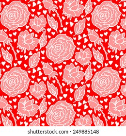 Seamless Doodle pattern with Valentine hearts and Roses