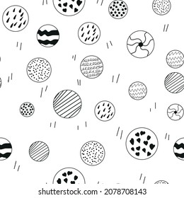 Seamless doodle pattern various circles of different sizes. Vector set of hand drawn circles.