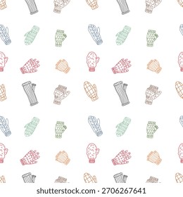 Padrão de rabiscar sem costura de várias mitenes, luvas em contorno colorido. Textura simétrica de vários tricô. Fundo de doodle decorativo para projetar roupas, papel ou têxteis em tempo frio