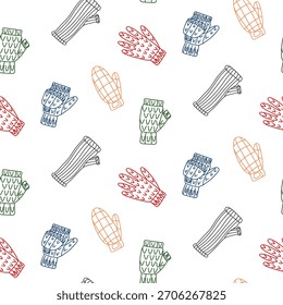 Seamless doodle pattern of various mittens and gloves in a colored outline. Chaotic texture of various knitting. Decorative doodle background for designing clothing, paper, or textiles in cold weather