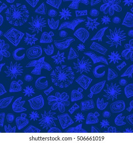 Seamless doodle pattern. Vector hand drawn pattern on blue background. Kids theme. Great for package or fabric design. Sketchy style.