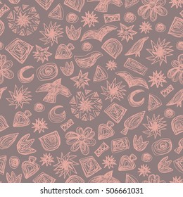 Seamless doodle pattern. Vector hand drawn pattern on grey background. Kids theme. Great for package or fabric design. Sketchy style.