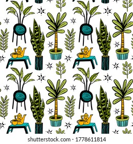 Seamless doodle pattern. Vector home plants set with tea set on a stand. Repeat floral ornate on white isolated background for fabric, textile, wallpapper