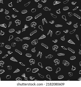 Seamless doodle pattern with vegetables, fruits, meat food on a black background.