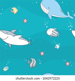 Seamless Doodle Pattern- whale and shark at sea.  Small fish and starfish on the waves