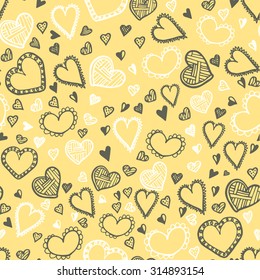 seamless doodle pattern. white and gray line art of a different hearts on yellow background with random locate