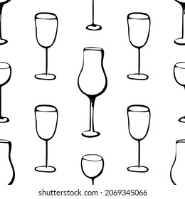 Decoración de doodle impecable con copa de vino y bebidas en bar. Ilustración de boceto de cócteles vectores.