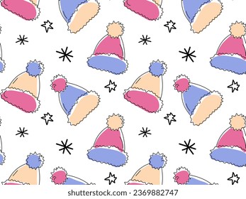 seamless doodle pattern with winter clothes. Bobble hats