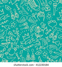 Seamless doodle pattern with women's accessories. The pattern with women's accessories in plain turquoise background. Female seamless pattern with hearts.