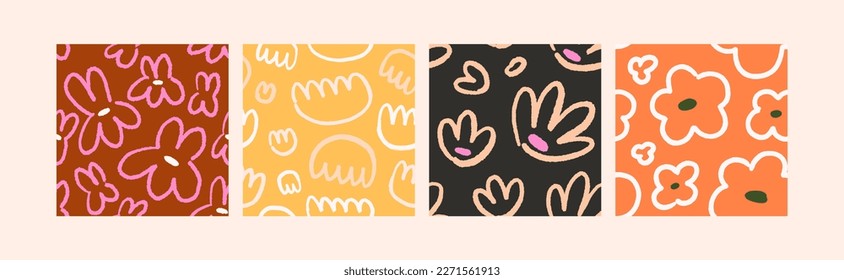 Seamless doodle patterns with flowers, abstract shapes set. Repeating prints, endless backgrounds. Naive floral textures designs for textile, fabric. Printable trendy flat vector illustrations