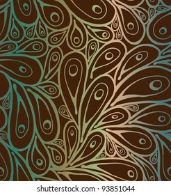 Seamless doodle peacock feathers on dark brown background pattern