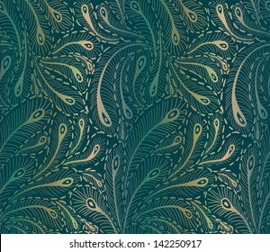 Seamless doodle peacock feathers pattern