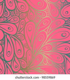 Seamless doodle peacock feathers pattern on pink background