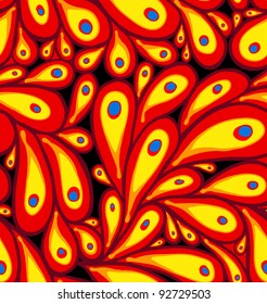 Seamless doodle peacock feathers-flames bright pattern