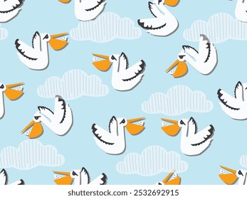 SEAMLESS DOODLE PELICAN PATTERN CUTE FUNNY TROPICAL BIRD REPEAT PATTERN IDEAL FOR TEXTILE, FABRIC, WRAPPING PAPER. WALLPAPER AND DECORATION IN VECTOR FILE.