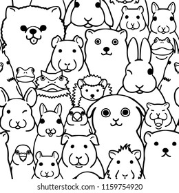 seamless doodle pet animals faces line art background