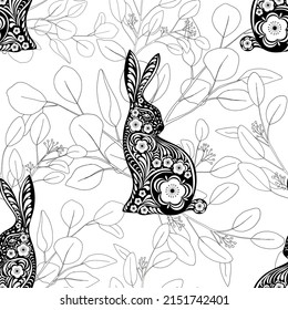 Seamless Doodle Rabbit with Eucalyptus leaves on white background, New year Chinese zodiac 2023 sign for element, Endless fabric pattern Easter Bunny with Floral fancy hare for print, wrapping paper