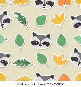 Seamless doodle raccoon and leaf sticker cartoon pattern