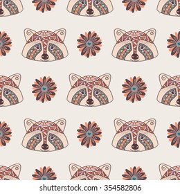 Seamless doodle raccoon pattern and flowers. Scandinavian style,vector illustration