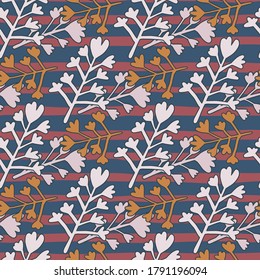 Seamless doodle random pattern with botanic branch shapes in grey and orange colors. Navy blue background with strips. Perfect for wallpaper, wrapping paper, textile, fabric. Vector illustration.