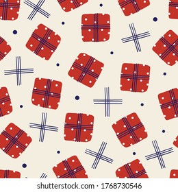 seamless doodle red gift box pattern background