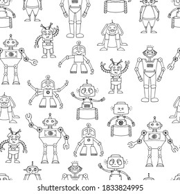 Seamless doodle robots. Monochrom print for fabric and design ideas.