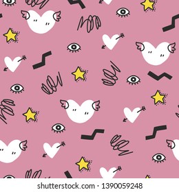 Seamless doodle romantic pattern. Vector background with heart, star and different elements. Design for prints, shirts and posters.