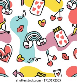 Seamless doodle romantic pattern. Vector background with heart, sponges and different elements. Design for prints, shirts and posters.