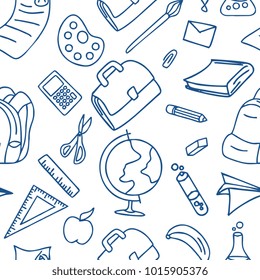 Seamless doodle school equipment. Line art study tools.