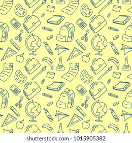Seamless doodle school equipment. Line art study tools.