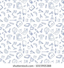 Seamless doodle school equipment. Line art study tools.