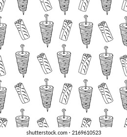 Seamless doodle shawarma pattern design in vector. Seamless pattern of hand drawn shawarma in vector.