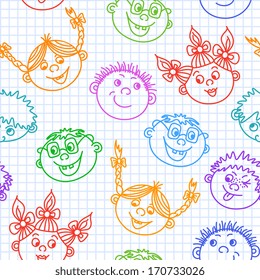 Seamless doodle smiling kids faces pattern vector illustration