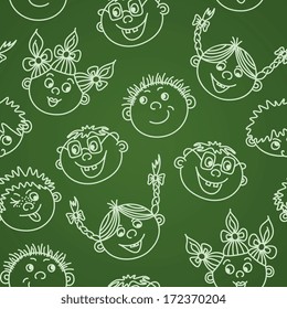 Seamless doodle smiling kids faces on chalkboard pattern vector illustration