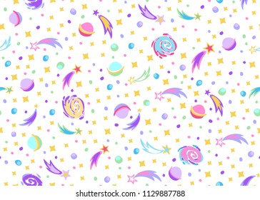 Seamless doodle space pattern with bright pink, blue, violet planets, stars, comets and galaxies on white background. Cosmic vector fashion girls kids design. 