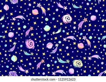 Seamless doodle space pattern with doodle planets, stars and galaxies on dark blue background. Cosmic vector fashion kids design.