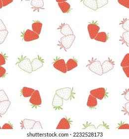 Seamless doodle srawberries pattern. Red and white cartoon berries background. Wrapping and gift paper. Home and kids apparel textile.