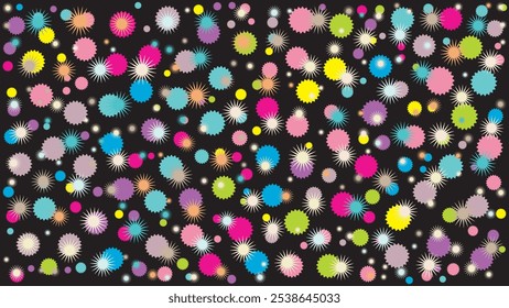 SEAMLESS DOODLE STAR SHAPES PATTERN TEXTURE COLORFUL TEMPLATE ABSTRACT DARK BACKGROUND TRENDY DESIGN VECTOR