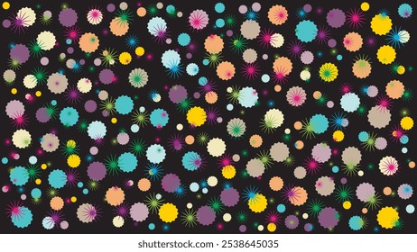 SEAMLESS DOODLE STAR SHAPES PATTERN TEXTURE COLORFUL TEMPLATE ABSTRACT DARK BACKGROUND TRENDY DESIGN VECTOR