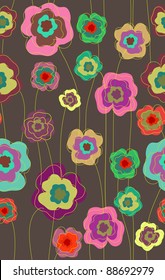 Seamless doodle stick floral pattern on dark background.