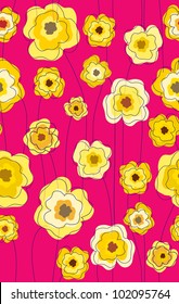 Seamless doodle stick yellow floral pattern on pink background.