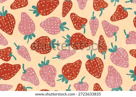 Seamless doodle strawberry pattern with a cute and fresh style. Ideal for food designs, kids products, packaging, and cheerful backgrounds.