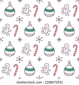 Seamless doodle style Christmas pattern. Cute background with Christmas or New Year elements. Vector illustration for wrapping paper, fabric, textile, scrapbook paper.