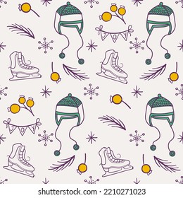 Seamless doodle style Christmas pattern. Cute background with Christmas or New Year elements. Vintage vector illustration for wrapping paper, fabric, textile.