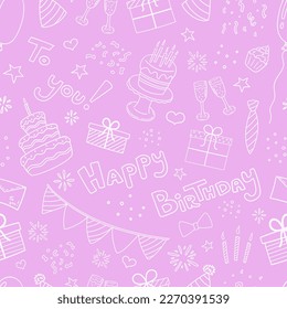 Seamless doodle style pattern with birthday elements on colored background: cake, candles, garland, gifts, confetti, congratulatory text, glasses, hats. Vector image