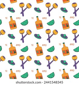 Seamless doodle style pattern. Illustrations of sombreros, tequila and maracas.