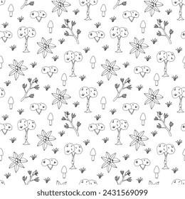 Seamless doodle style pattern with natural elements. Texture with decorative trees, bushes, branches, berries and mushrooms. Pattern on changeable white background. Black hand drawn linear elements.
