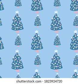 Seamless doodle stylized holiday pattern with tree simple silhouettes. Christmas forest ornament in blue palette tones. Perfect for fabric design, textile print, wrapping, cover. Vector illustration.